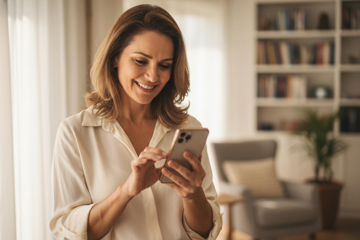 Mulher sorrindo lendo noticias no celular